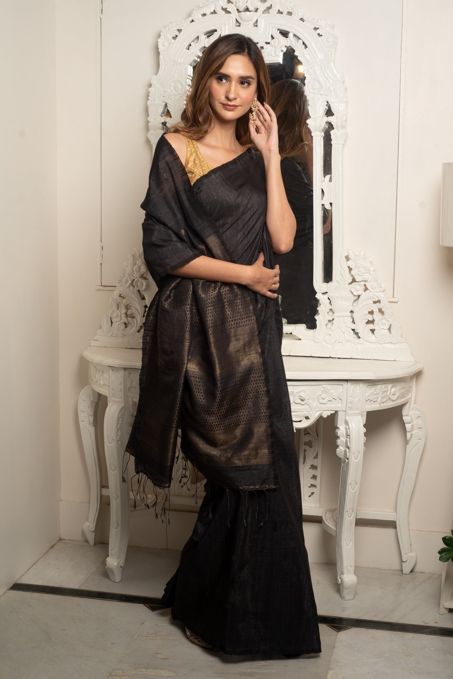 Black Pure Tussar Silk Handloom Saree