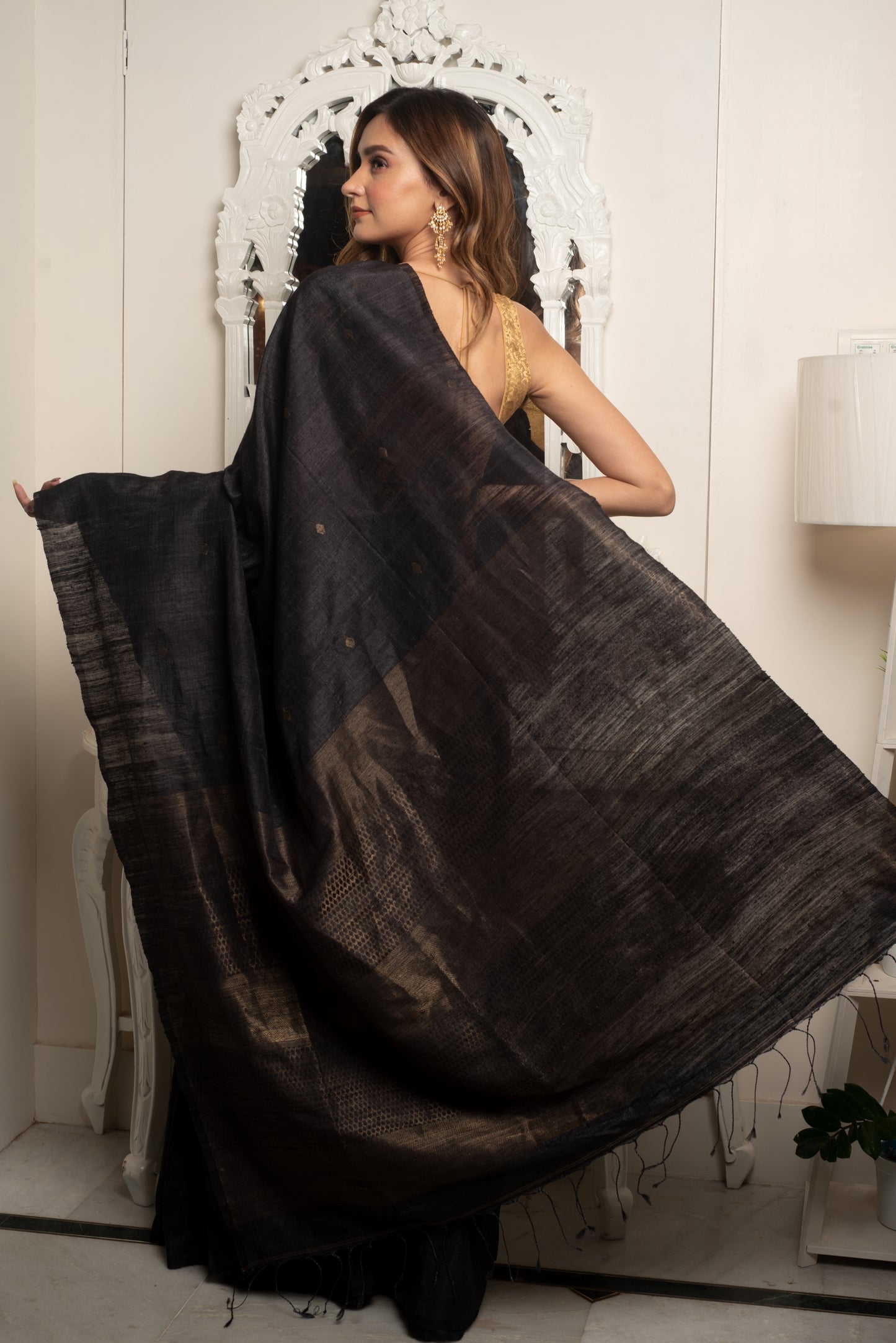 Black Pure Tussar Silk Handloom Saree