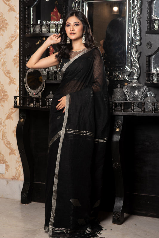 Black Pure Linen Jamdani Handloom Saree