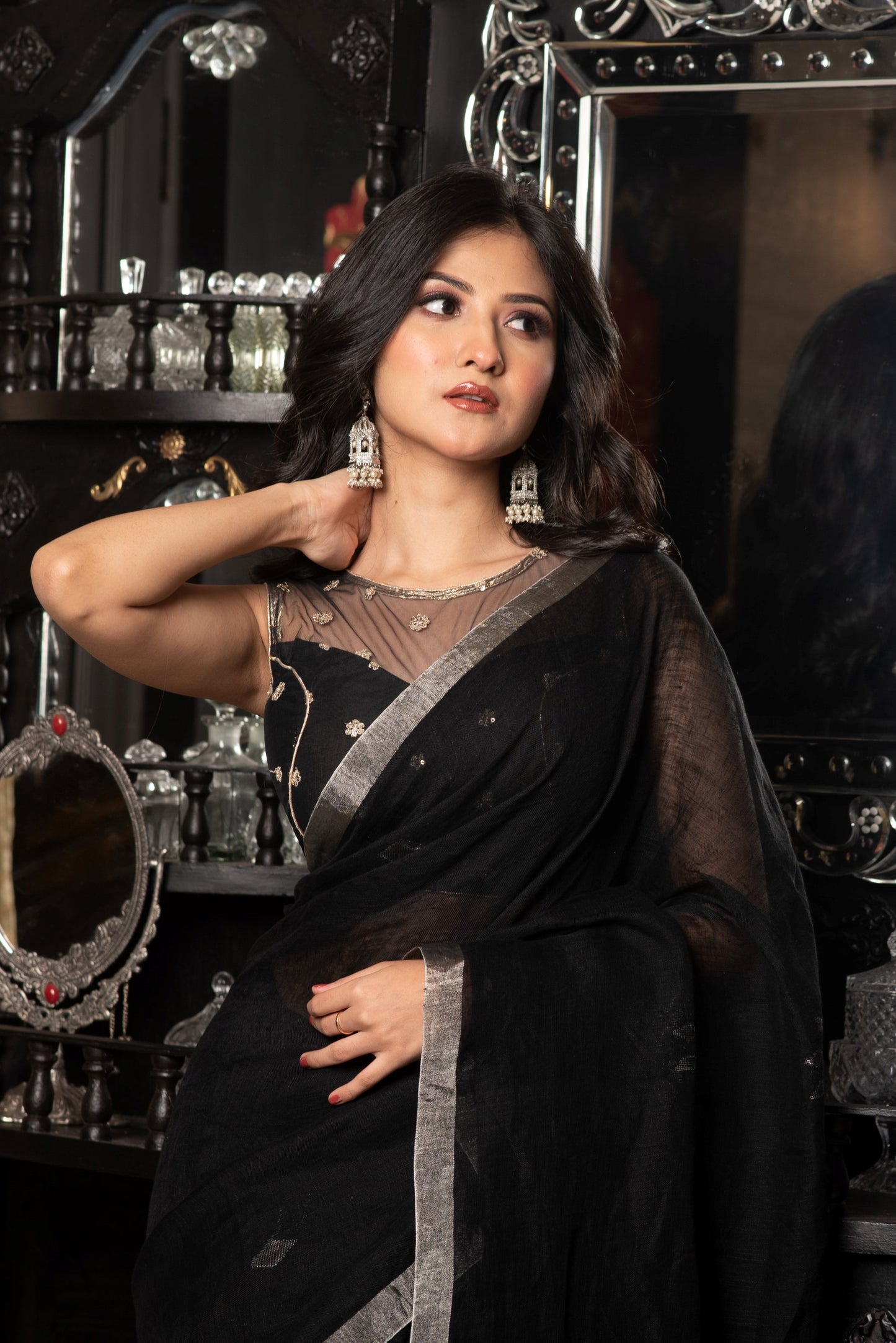 Black Pure Linen Jamdani Handloom Saree