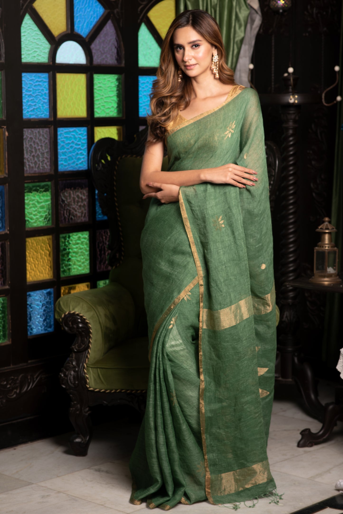 Green Pure Linen Jamdani Handloom Saree