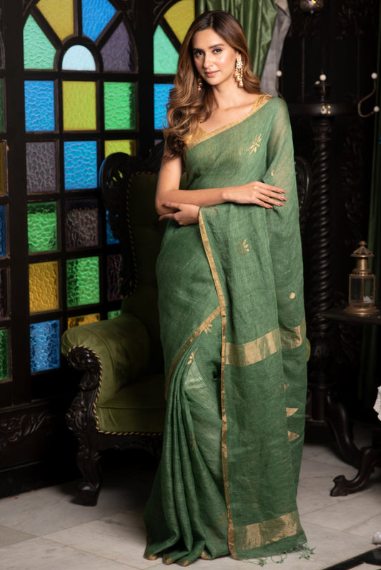 Green Pure Linen Jamdani Handloom Saree