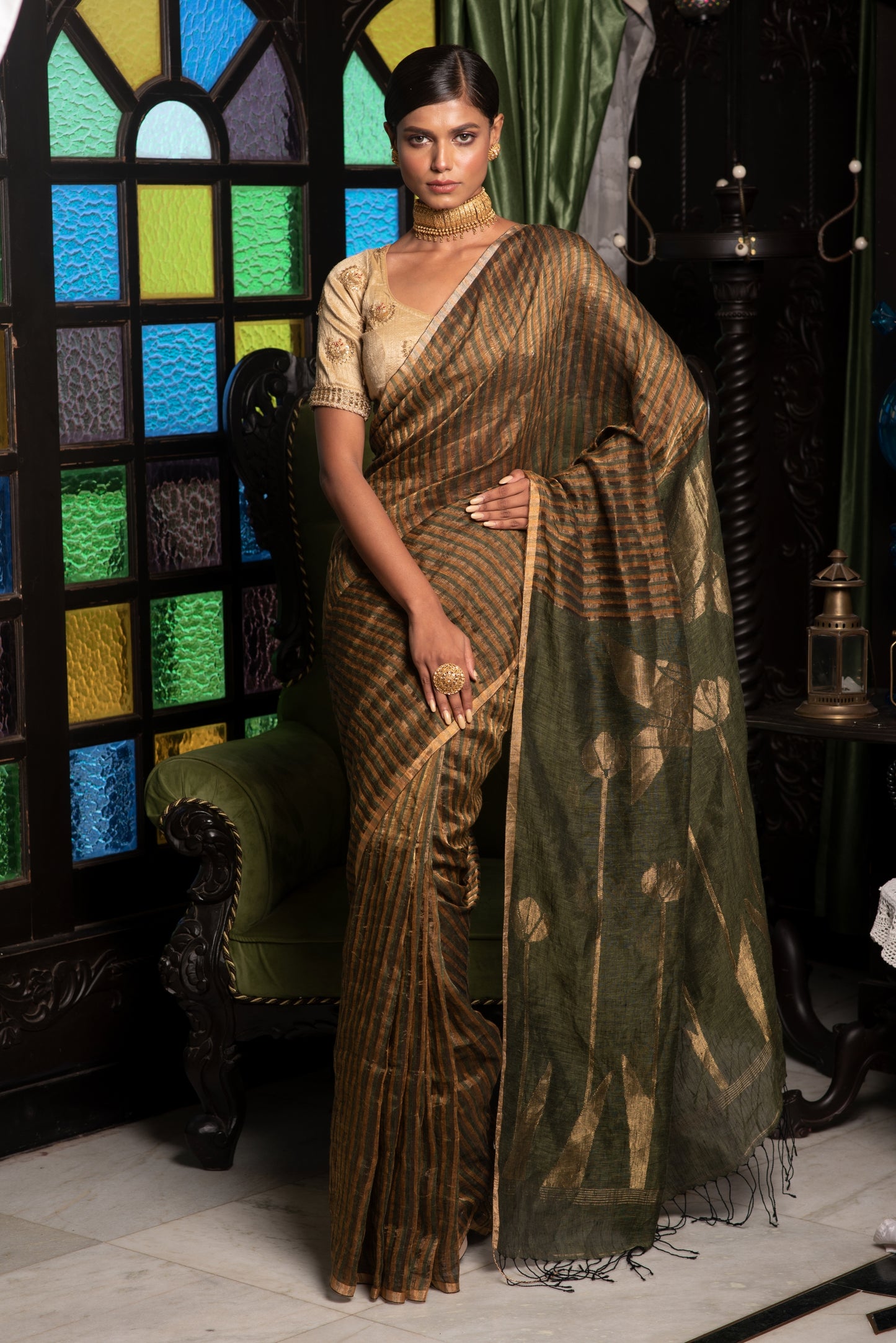 Green and Gold Stripes Pure Linen Jamdani Handloom Saree