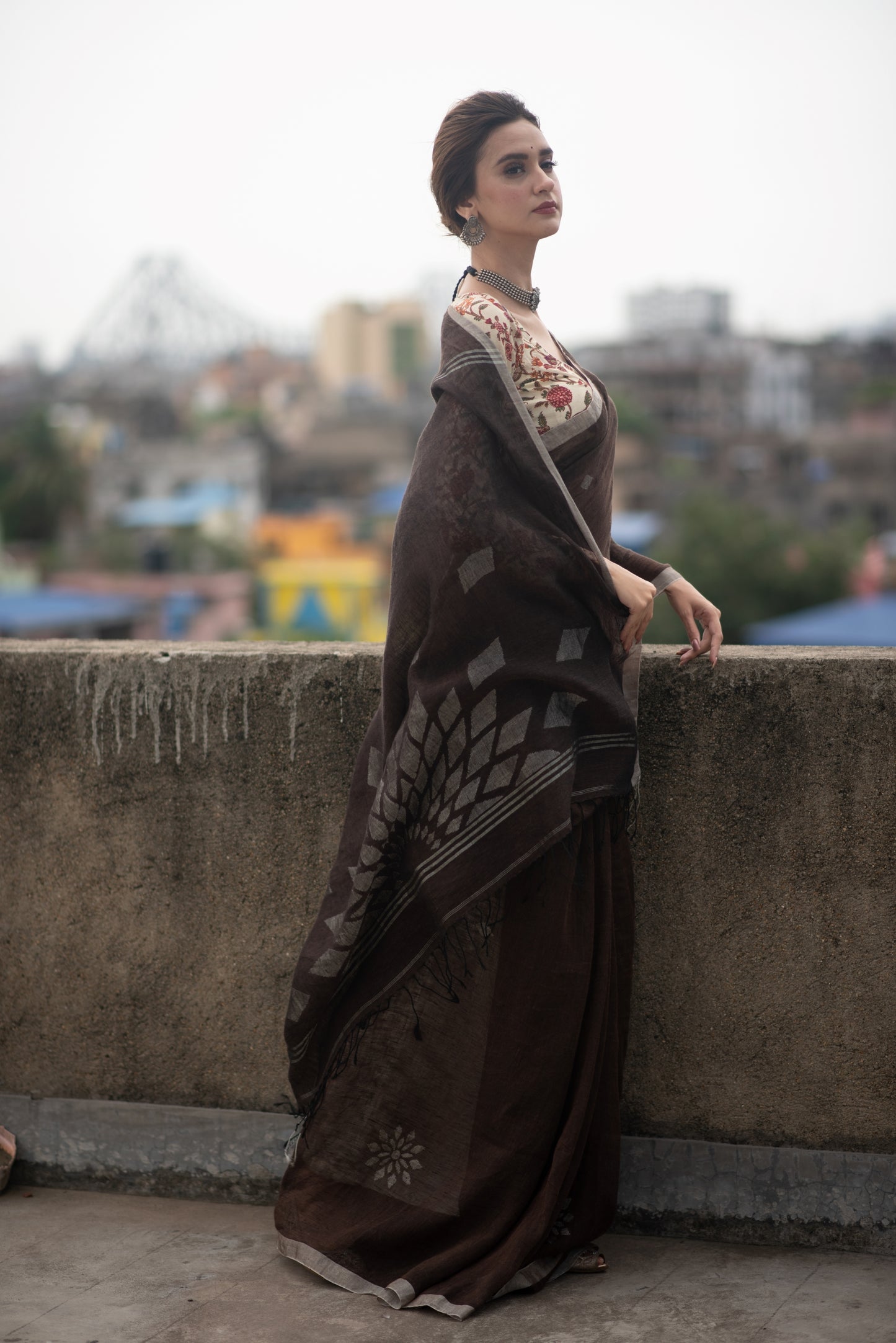 Brown Pure Linen Jamdani Handloom Saree