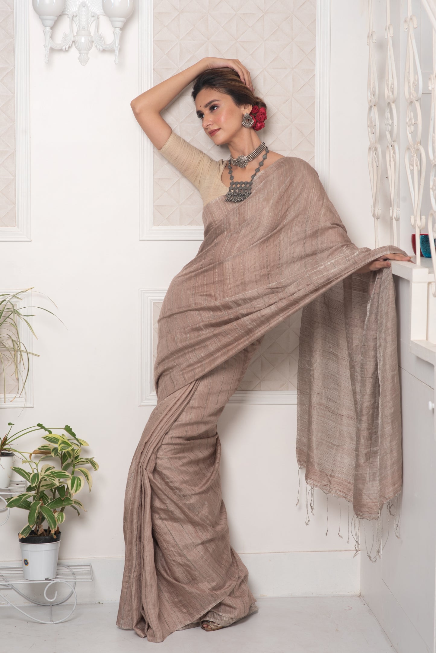 Brown(Sand) Pure Matka Tissue Silk Handloom Saree