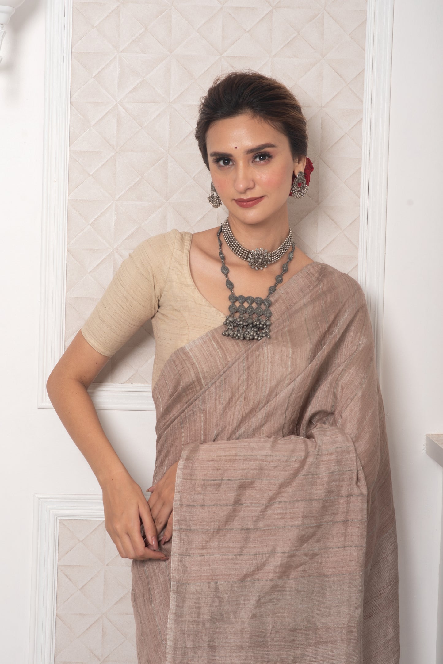 Brown(Sand) Pure Matka Tissue Silk Handloom Saree