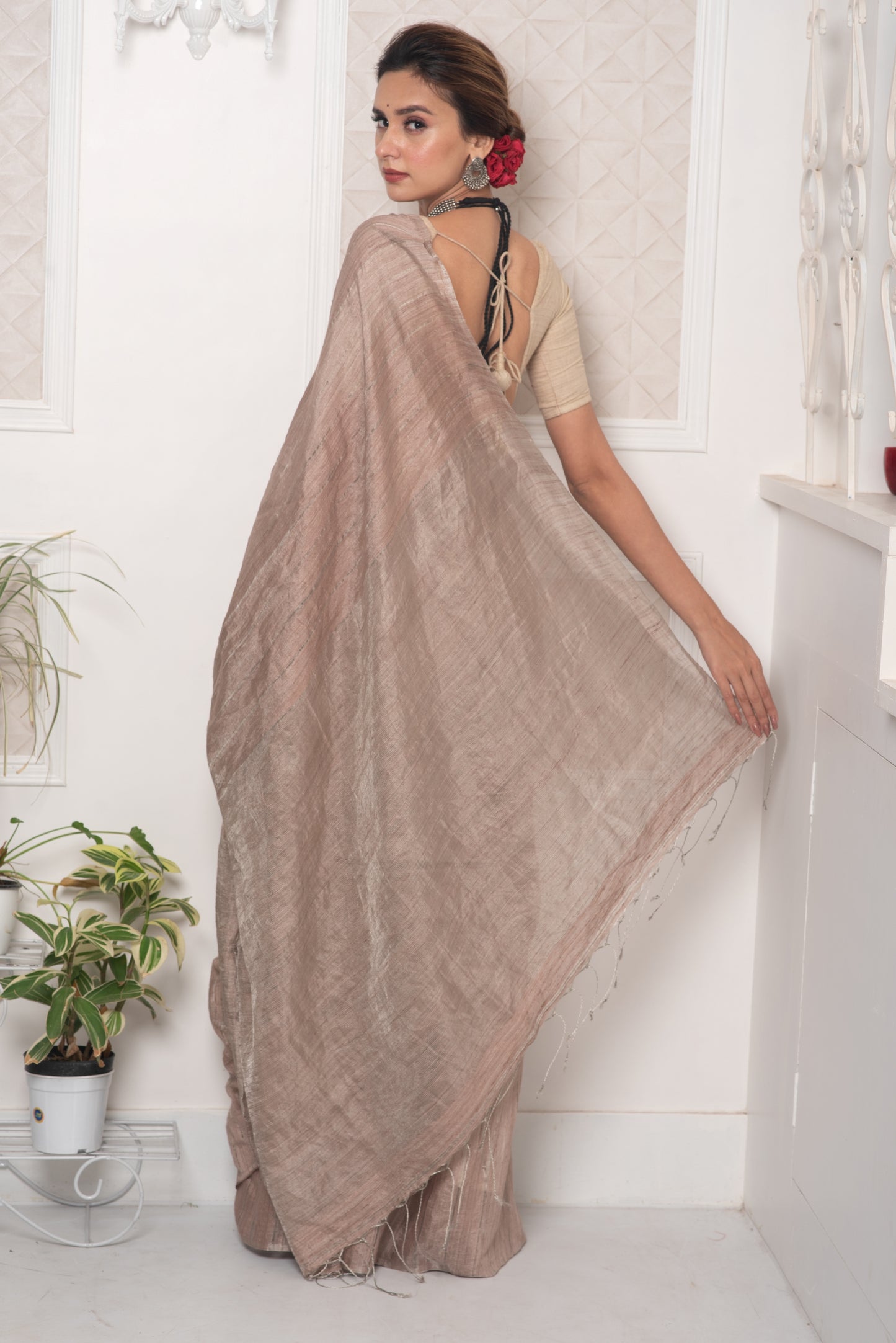 Brown(Sand) Pure Matka Tissue Silk Handloom Saree