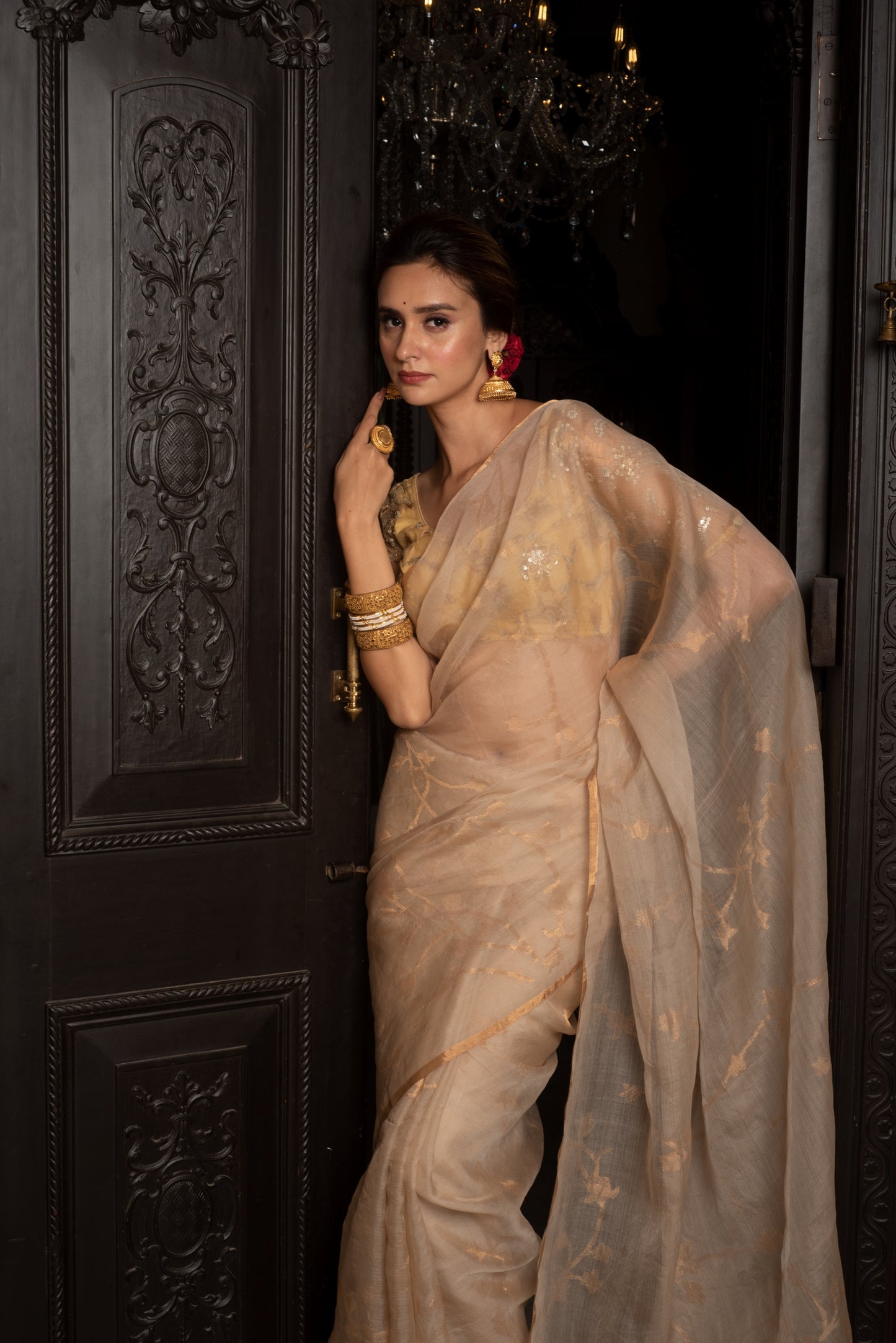 Beige Pure Organza Silk Jamdani Handloom Saree