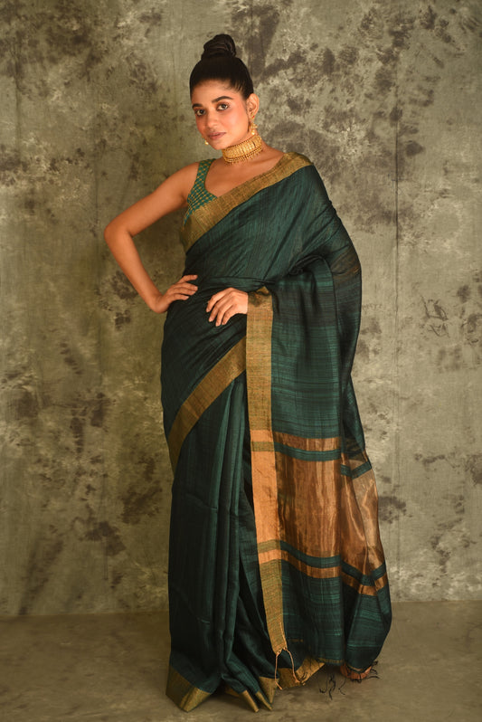 Green and Golden Zari Pure Matka Silk Handloom Saree